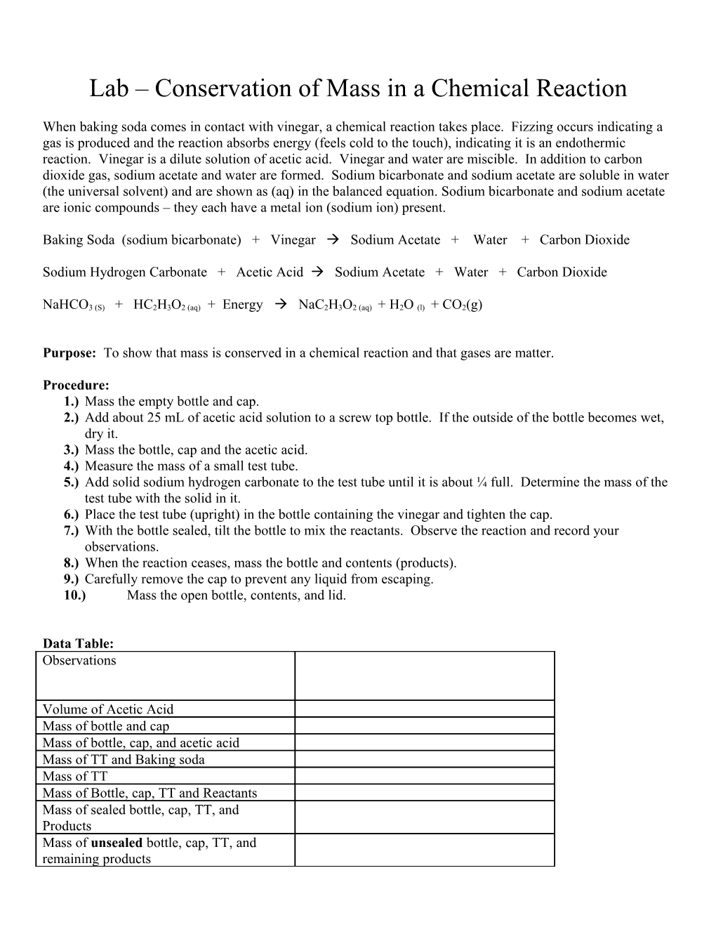 Lab Conservation of Mass in a Chemical Reaction