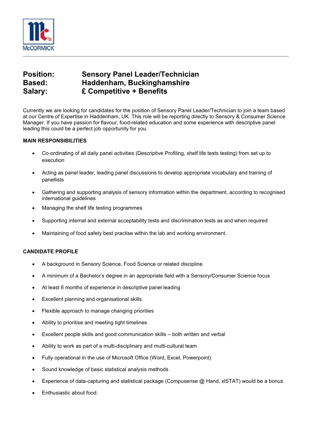 Position: Sensory Panel Leader/Technician