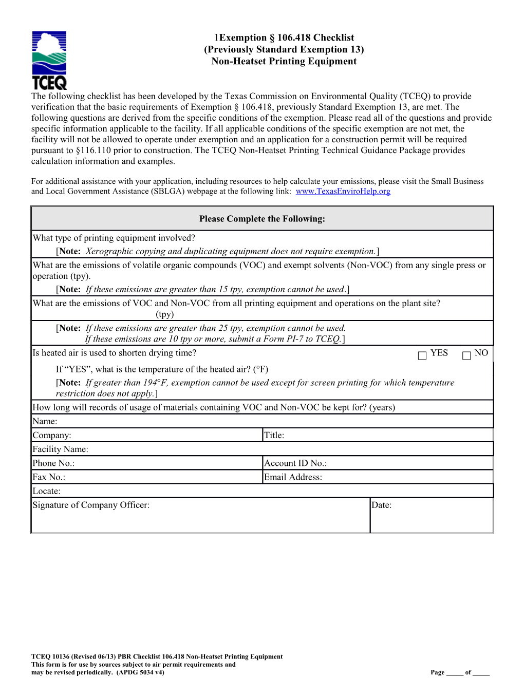 TCEQ-Exemption 106.418 Checklist