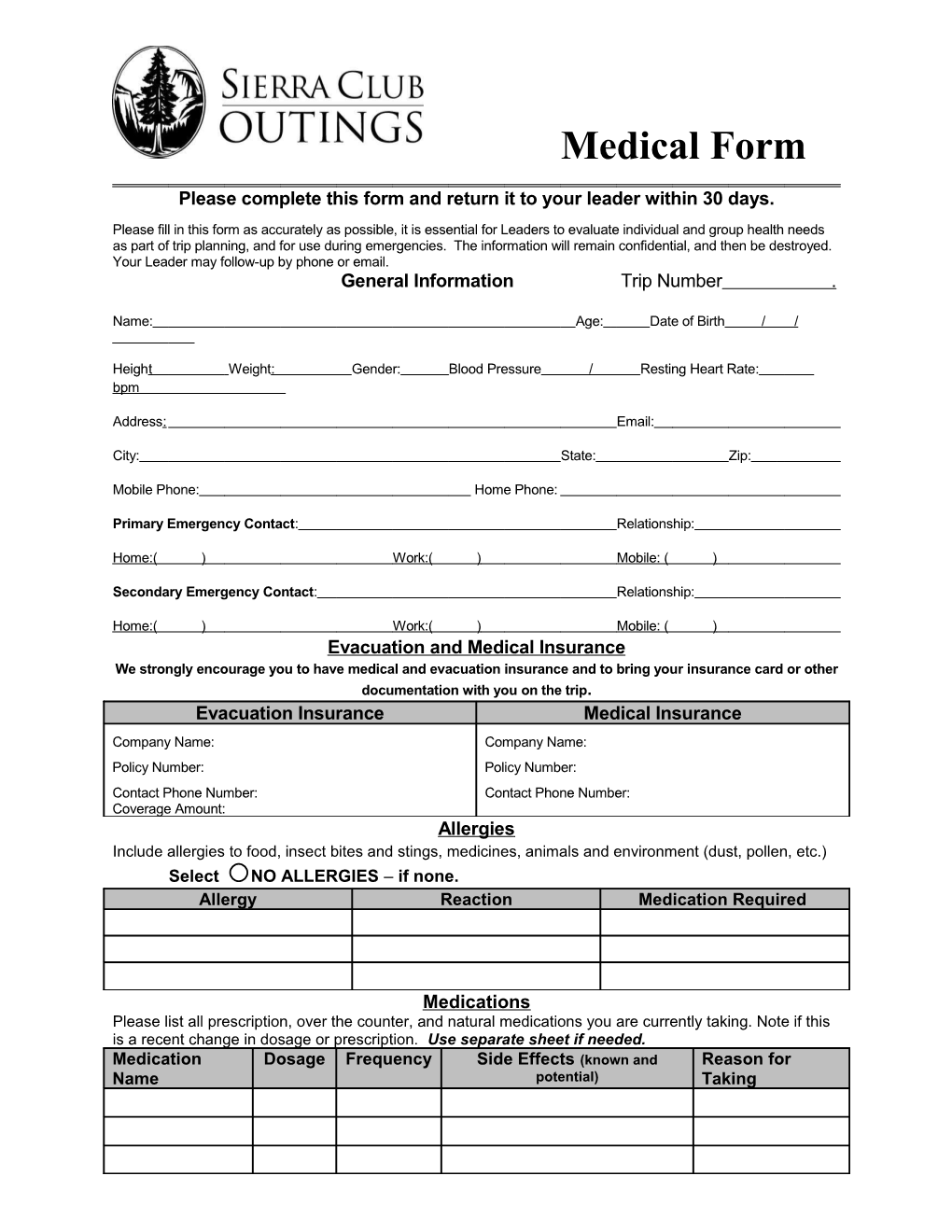 Please Complete This Form and Return It to Your Leader Within 30 Days