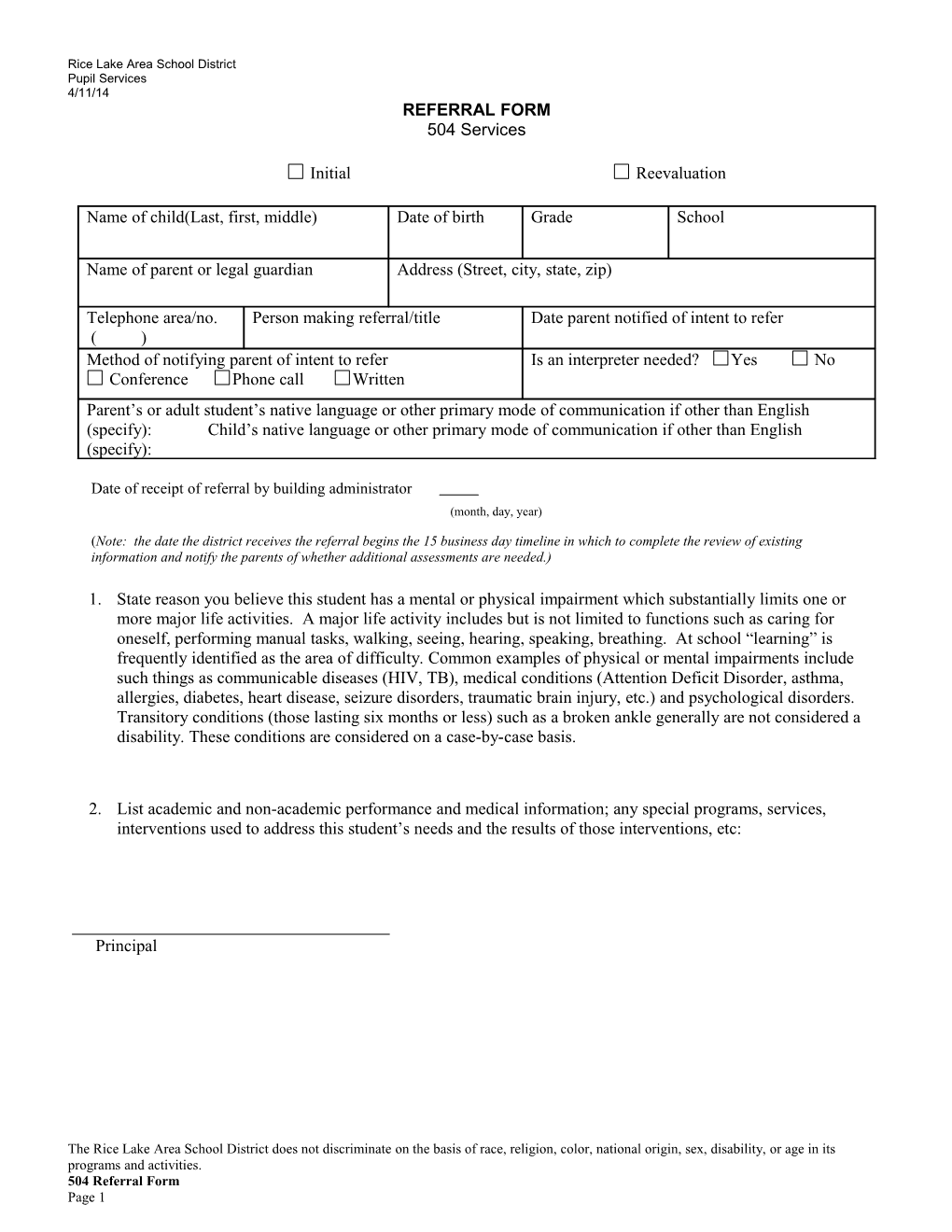 Sample Special Education Form: R1