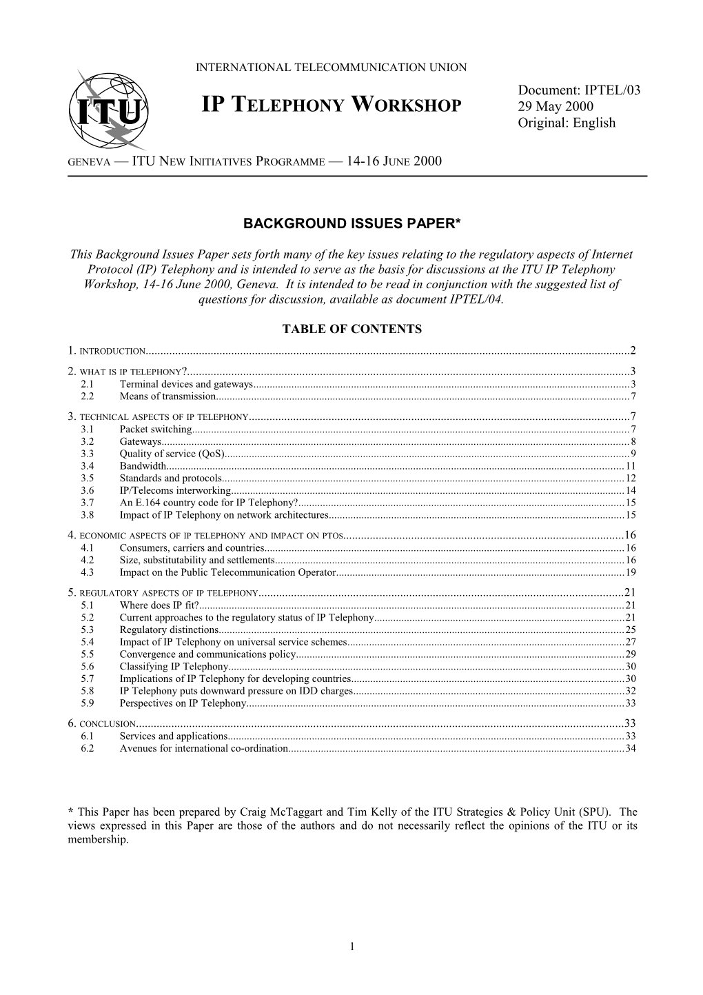 ITU IP Telephony Workshop Background Issues Paper