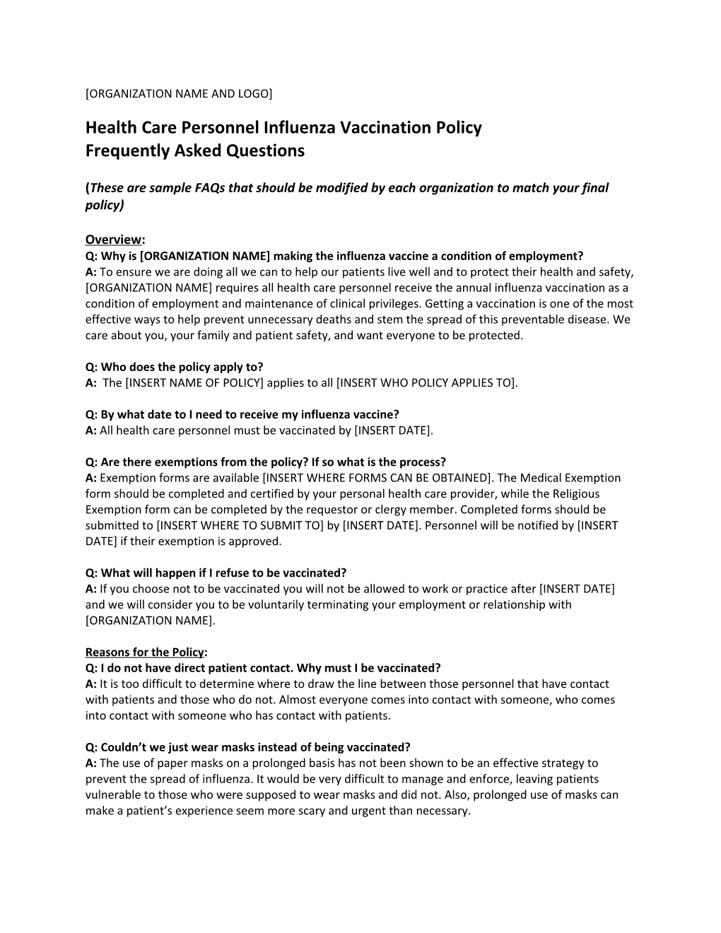 Health Care Personnel Influenza Vaccination Policy