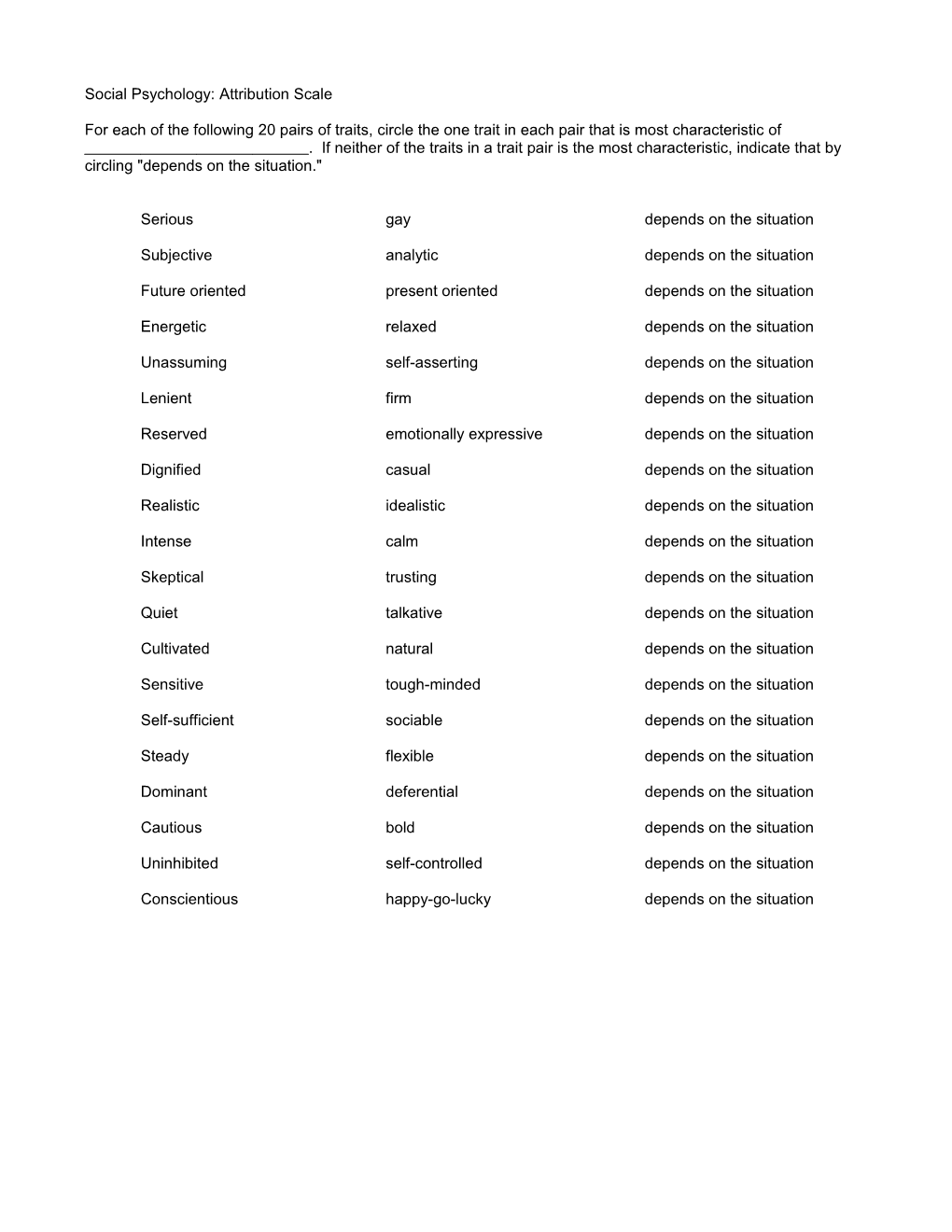 Social Psychology: Attribution Scale