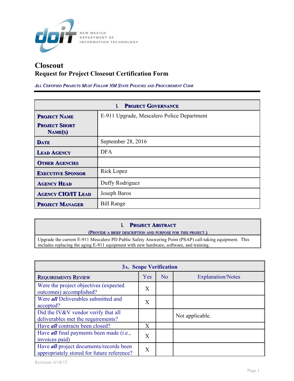 Request for Project Closeout Certification Form s1