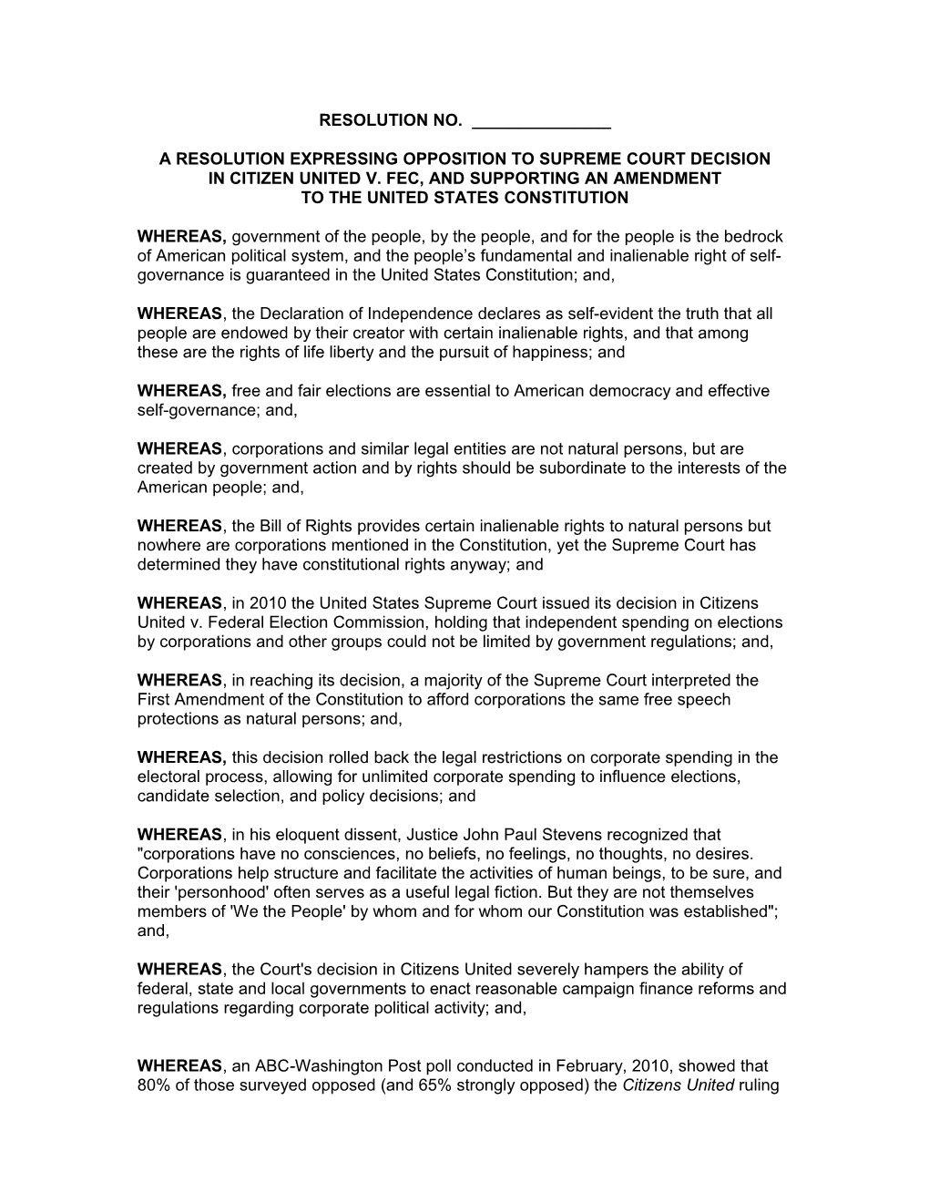 A Resolution Expressing Opposition to Supreme Court Decision, Citizen United V