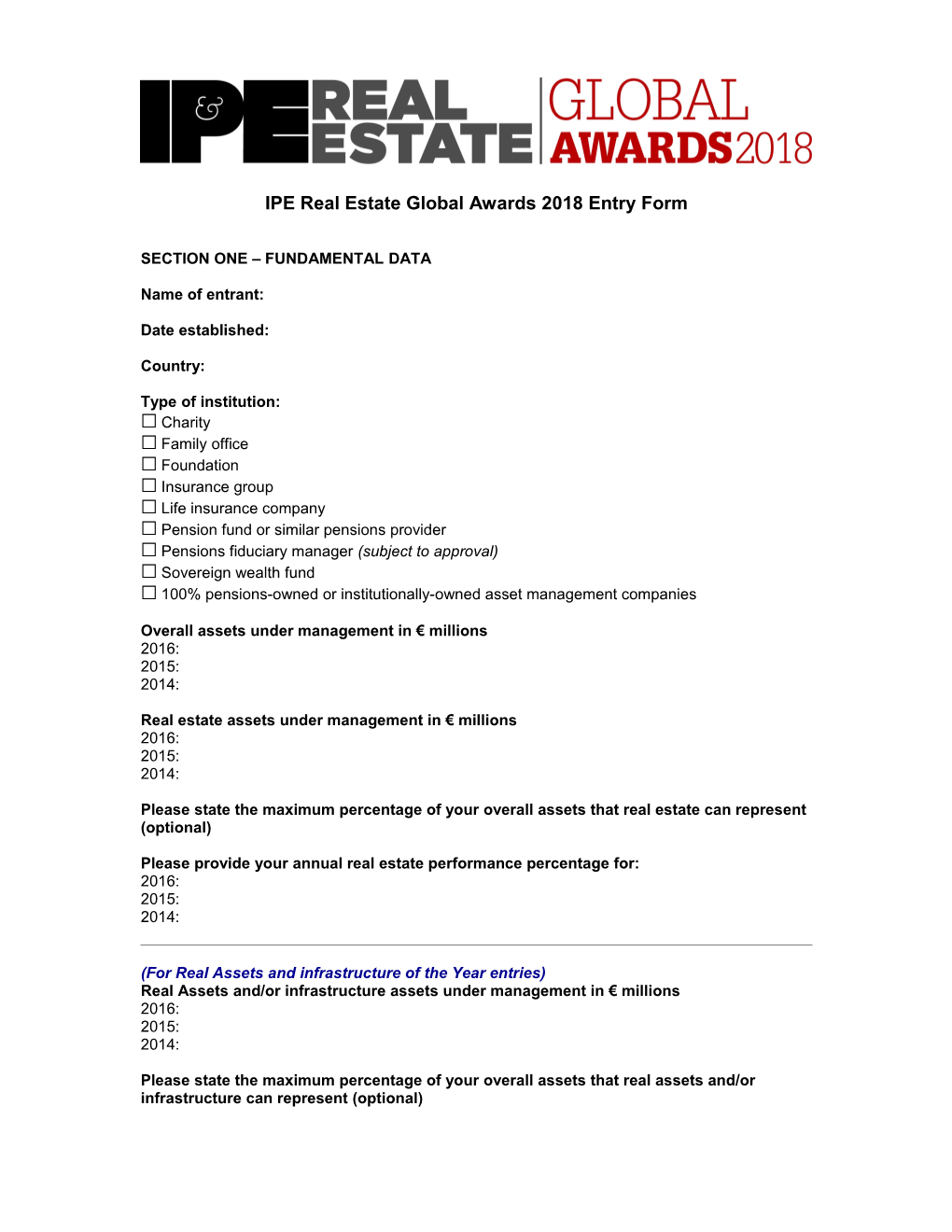 IPE Real Estate Global Awards 2018Entry Form