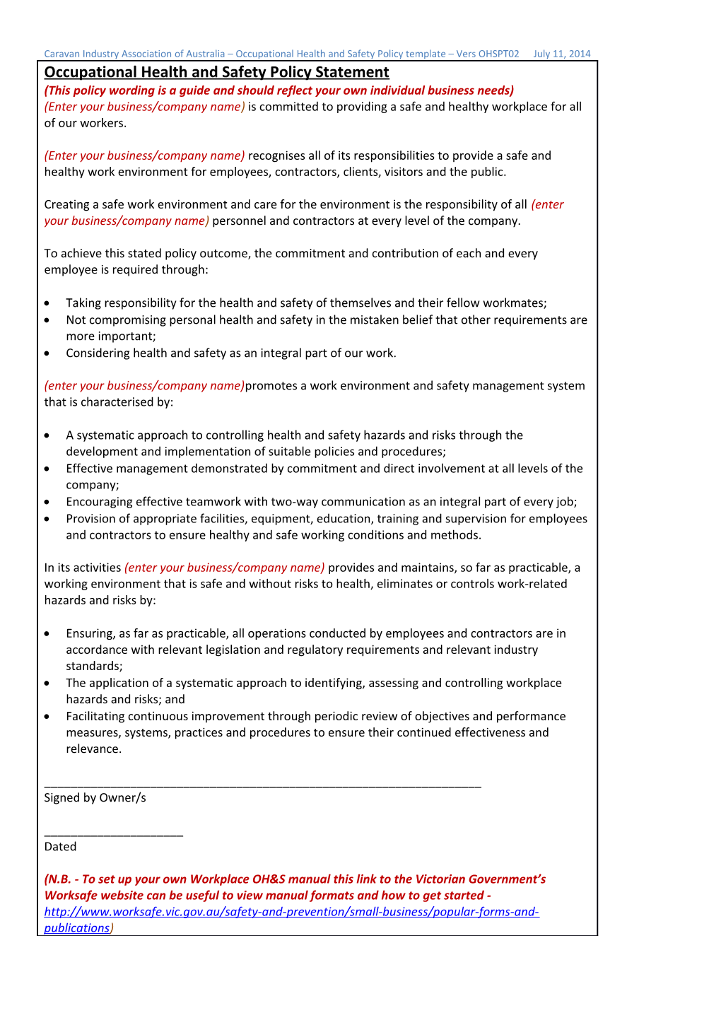 Caravan Industry Association of Australia Occupational Health and Safety Policy Template