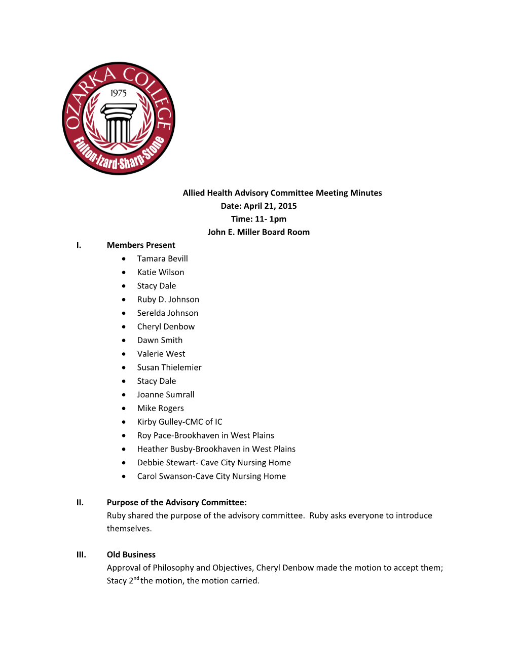 Allied Health Advisory Committee Meeting Minutes