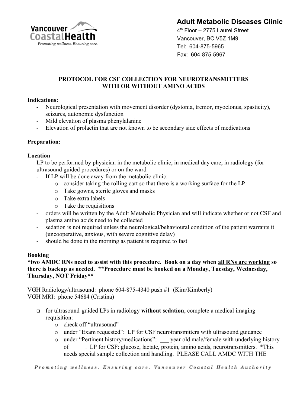 Protocol for Csf Collection for Neurotransmitters