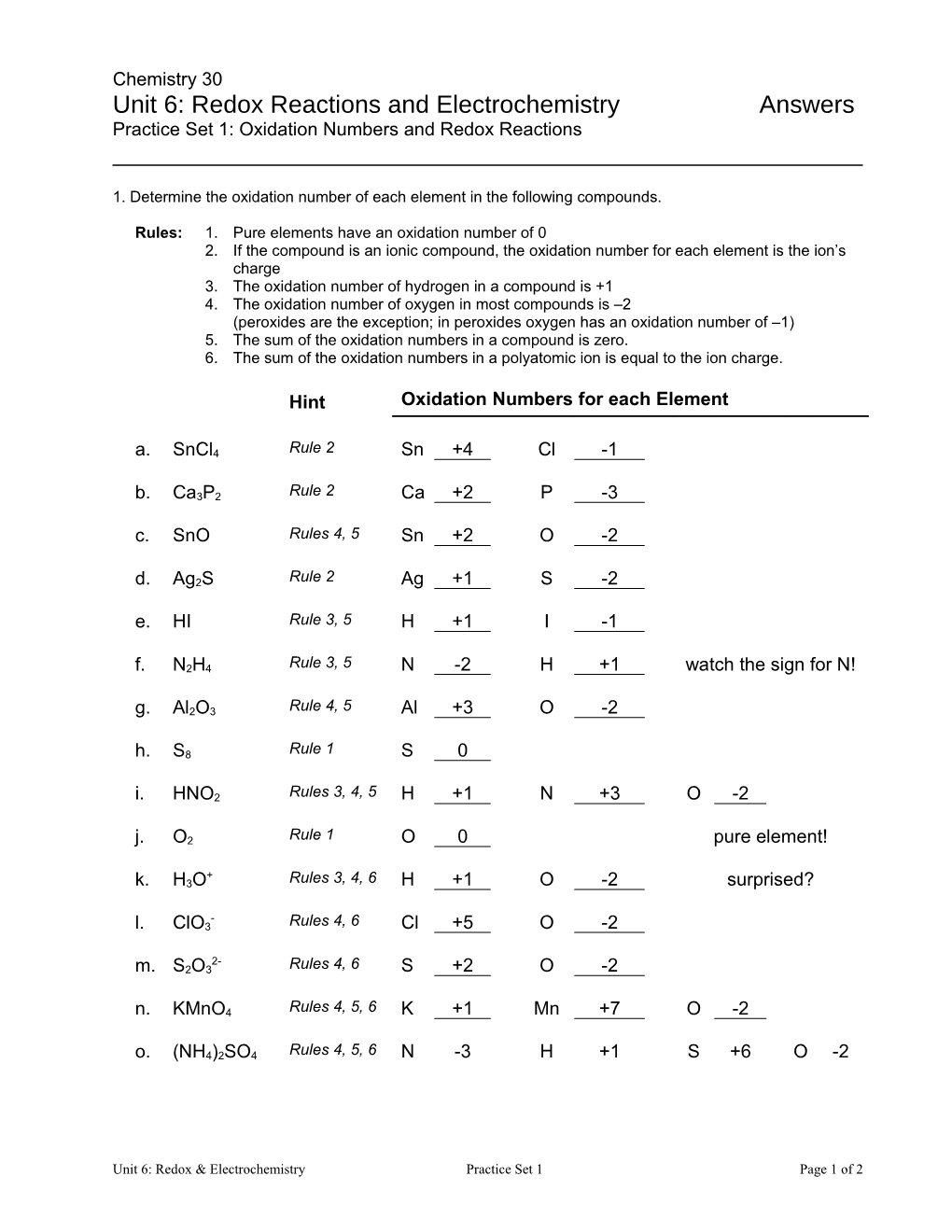 Unit 6: Redox Reactions and Electrochemistry Answers