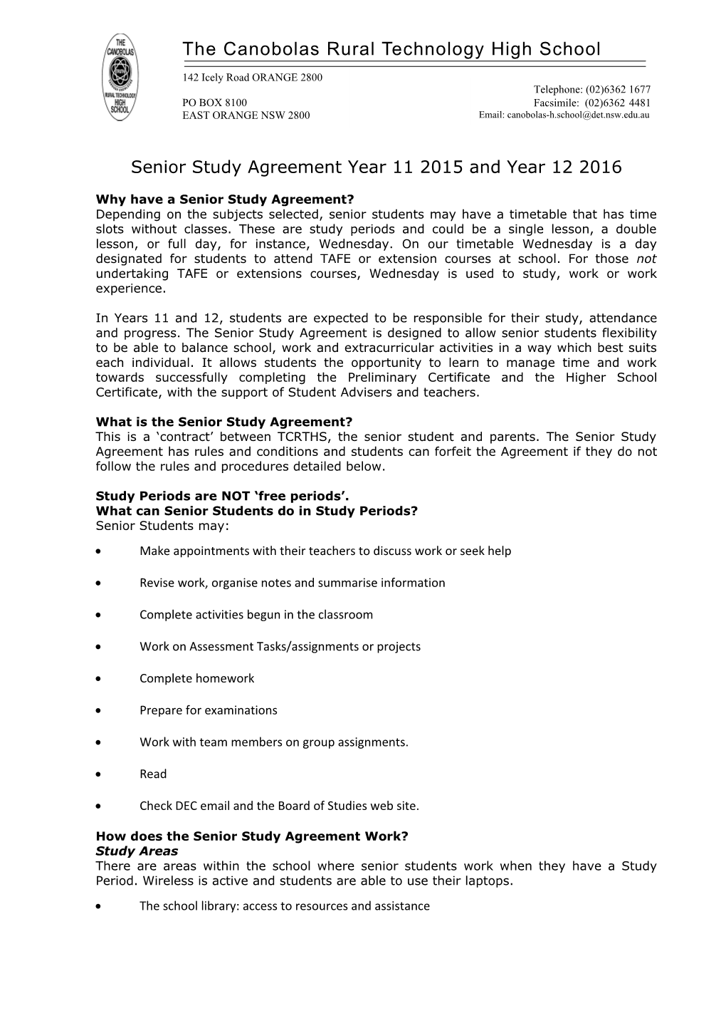 Senior Study Agreement Year 11 2015 and Year 12 2016