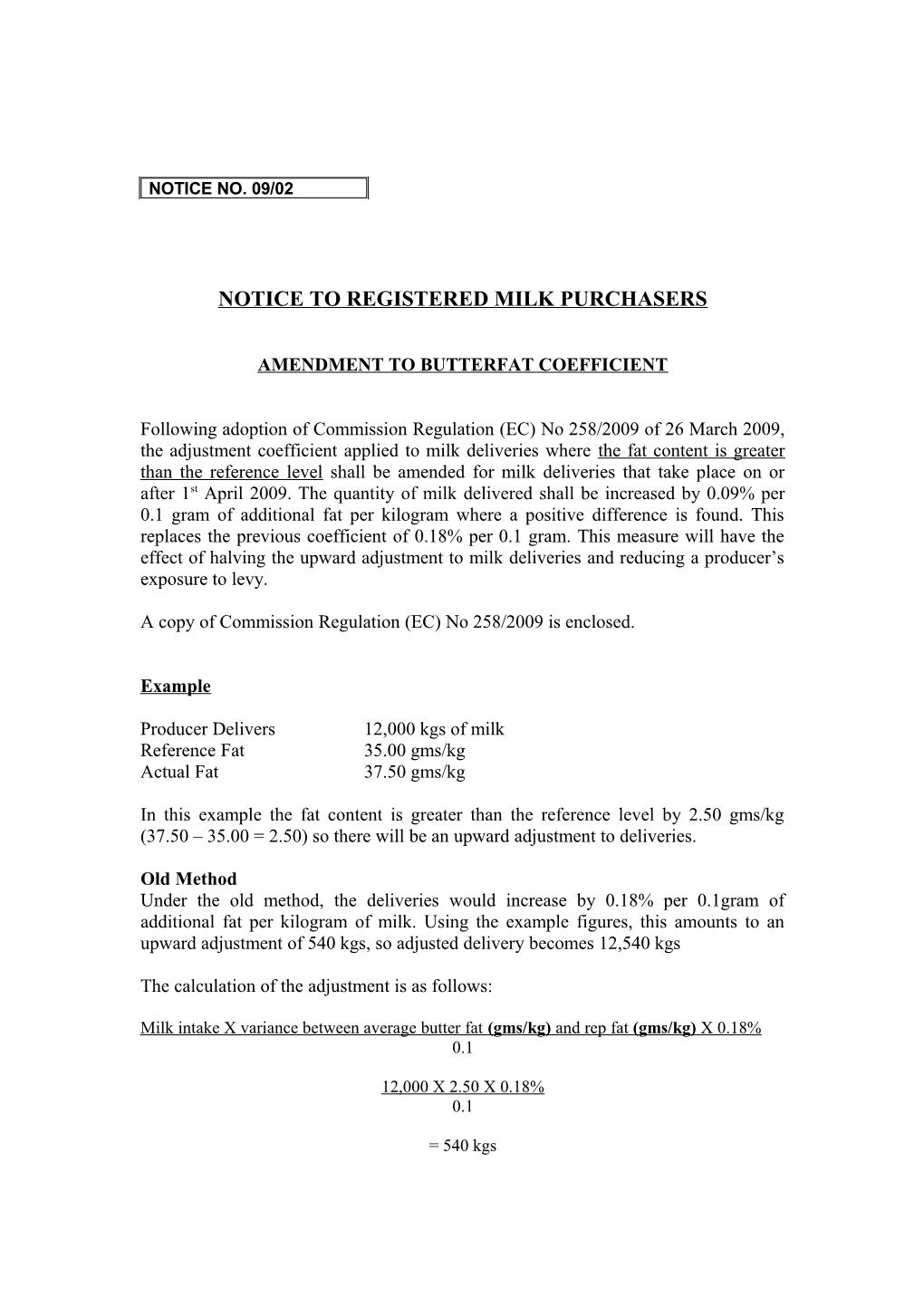 Notice to Registered Milk Purchasers