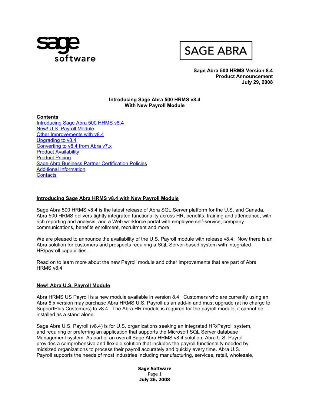 Sage Abra 500 HRMS Version 8.4