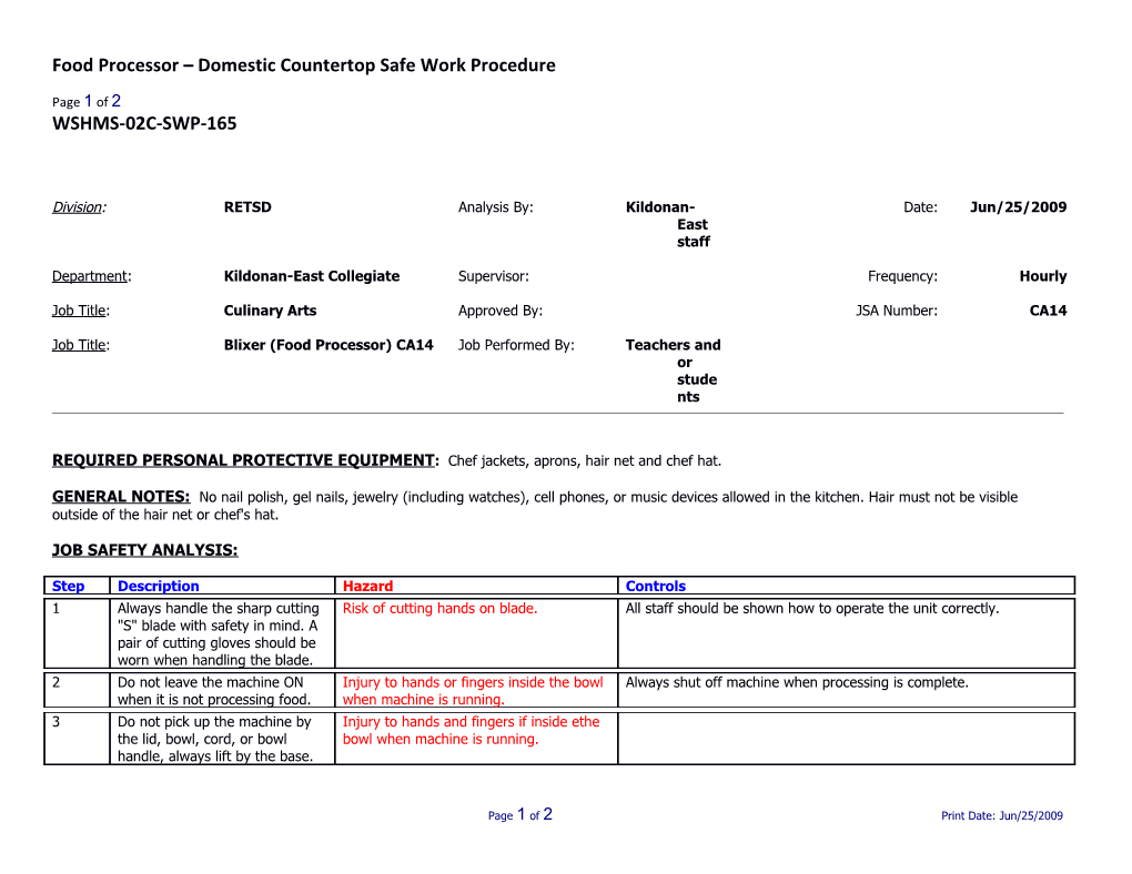 SWP-165 Food Processor - Domestic Countertop Safe Work Procedure