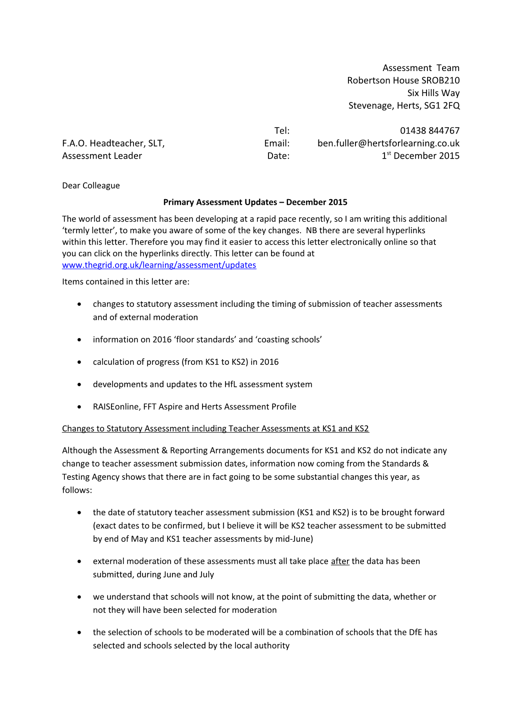 Primary Assessment Updates December 2015