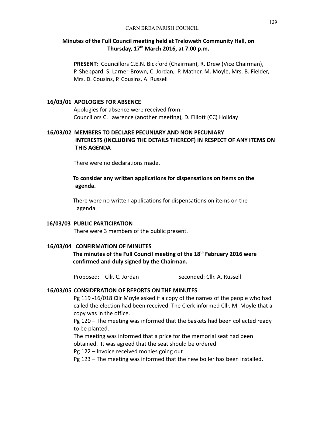 Minutes of the Meeting Held at Treloweth Community Hall, on Thursday, 2003 at 7