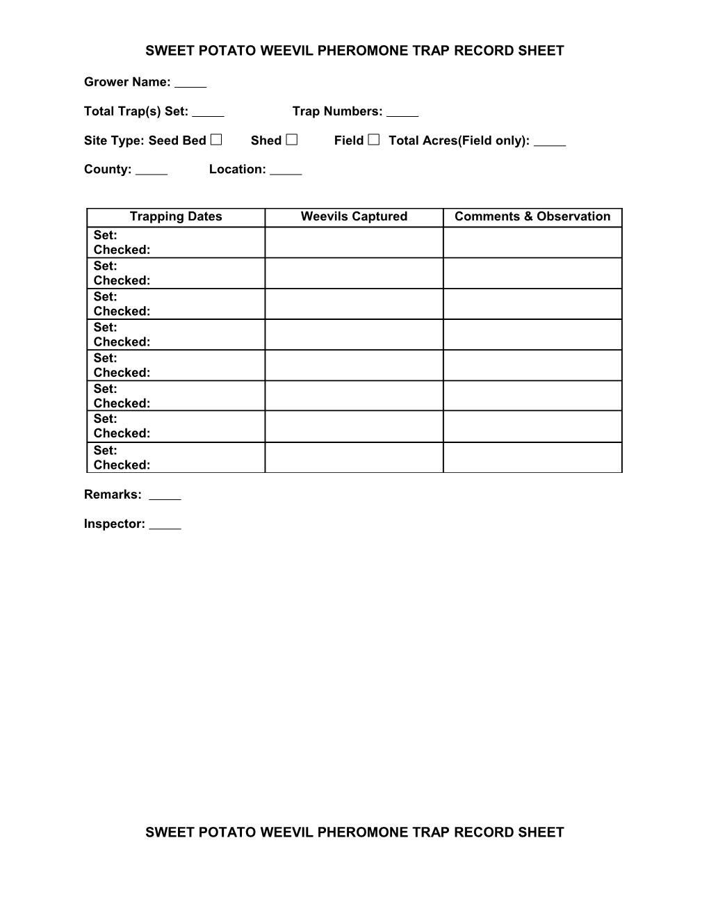 Sweet Potato Weevil Pheromone Trap Record Sheet