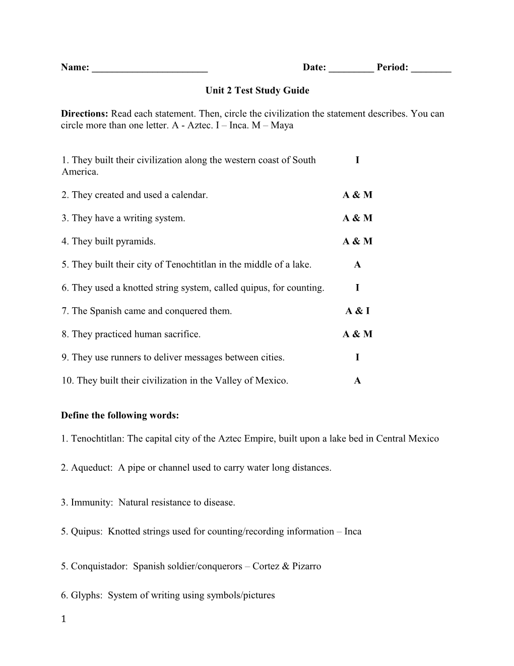 Unit 2 Test Study Guide s1