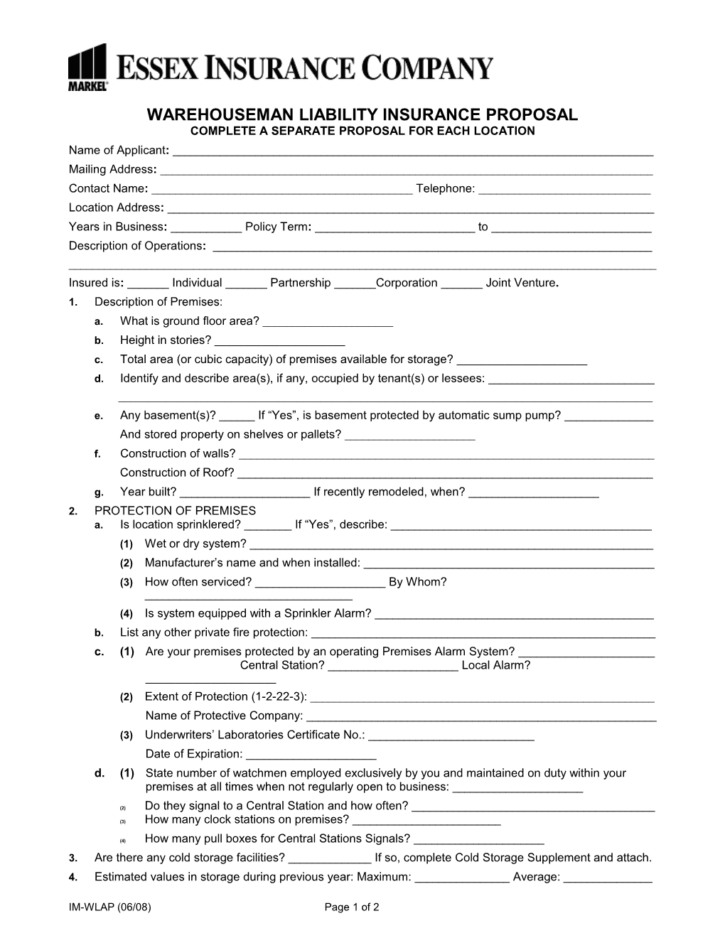 Warehouseman Liability Application