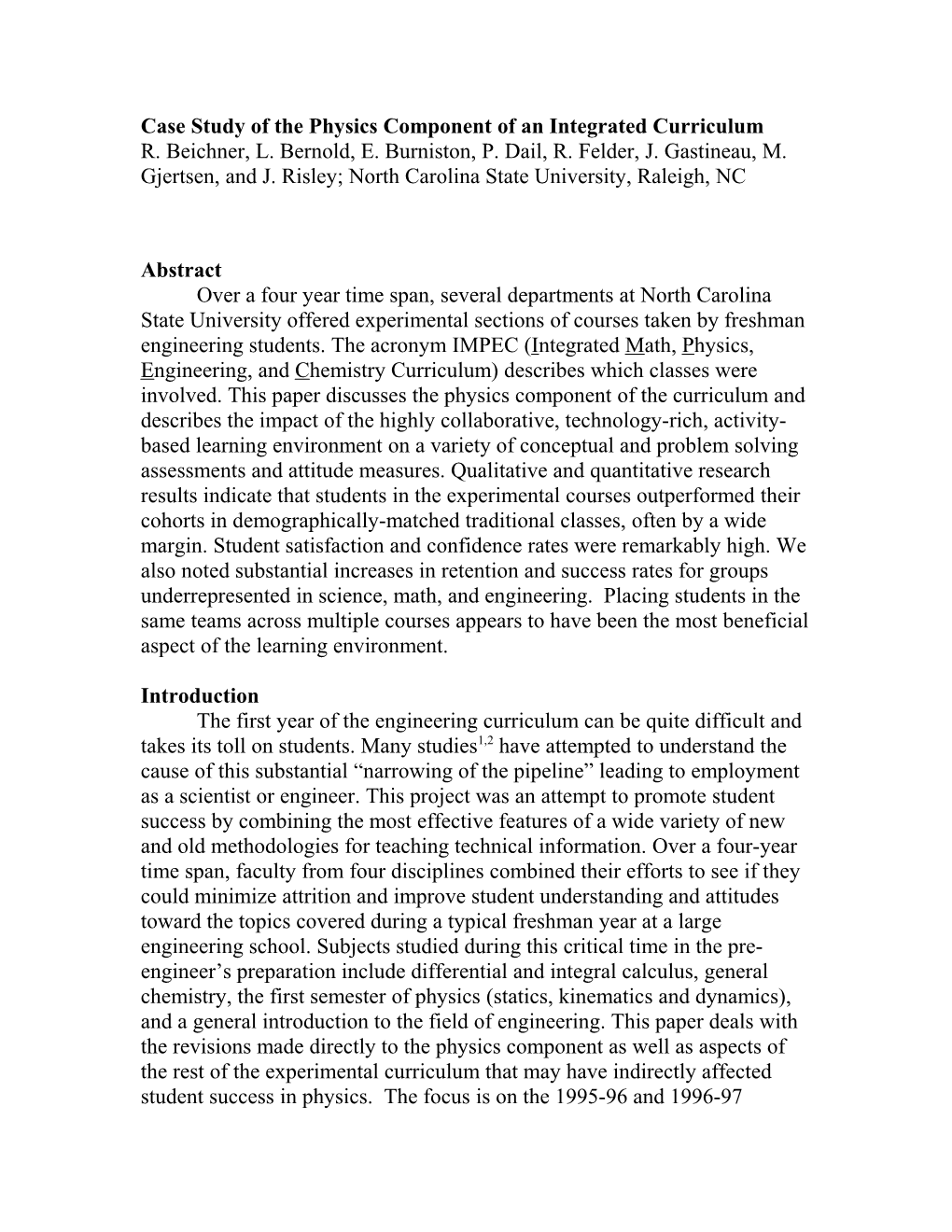 Case Study of the Physics Component of an Integrated Curriculum