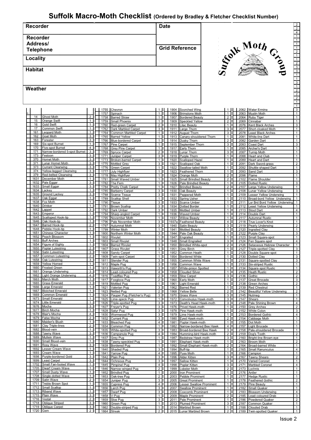 Suffolk Macro-Moth Checklist (Ordered by Bradley & Fletcher Checklist Number)
