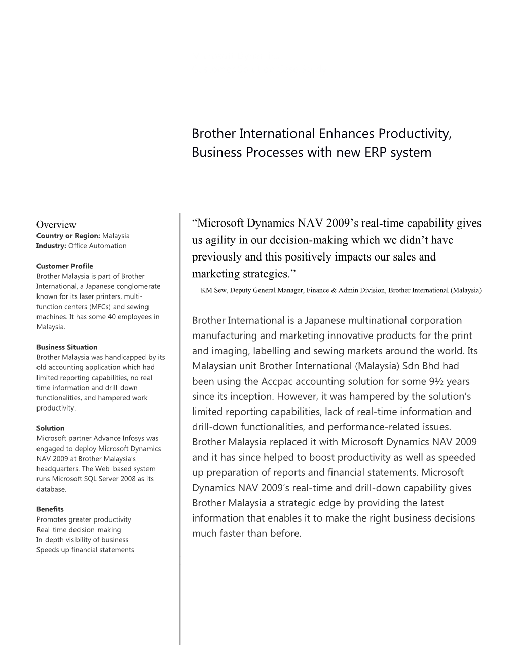 Metia CEP Brother International Enhances Productivity, Business Processes with New ERP System