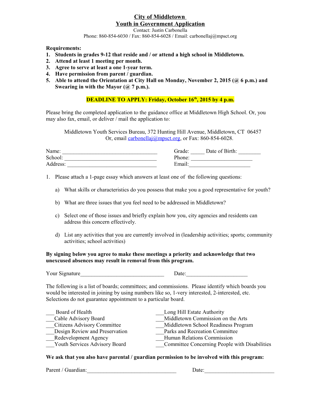 Middletown Youth in Government Application