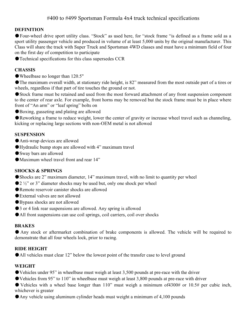 400 to #499 Sportsman Formula 4X4 Truck Technical Specifications