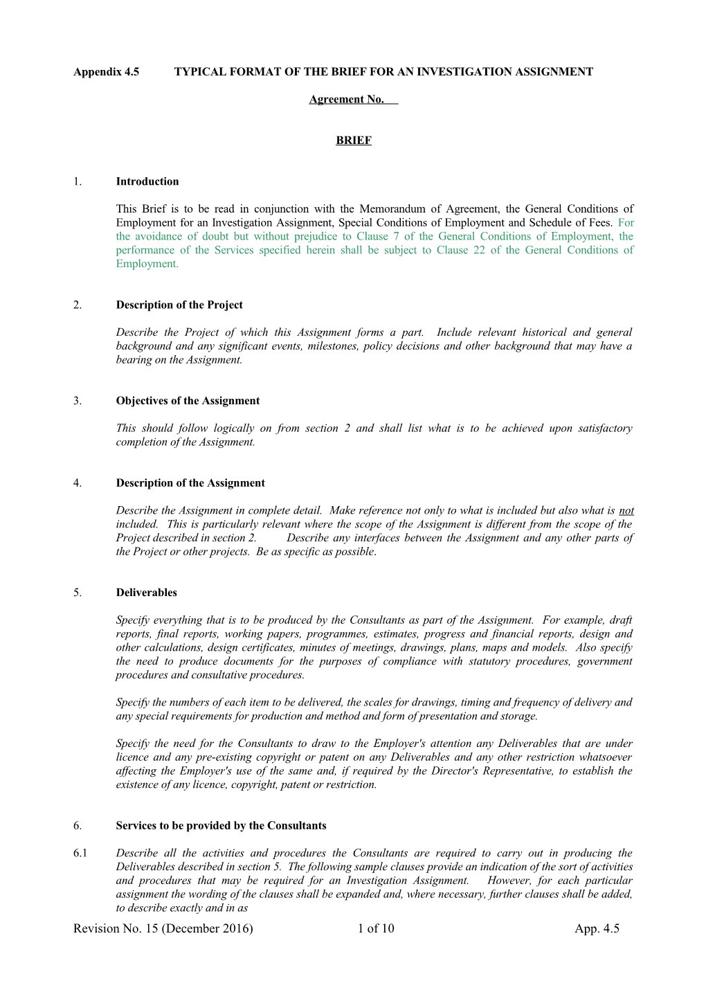 Appendix 4.5 TYPICAL FORMAT of the BRIEF for an INVESTIGATION ASSIGNMENT