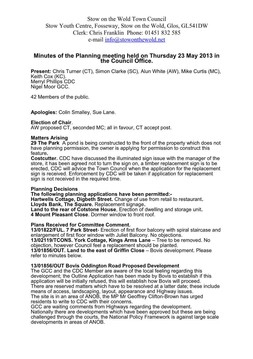 Minutes of the Planning Meeting Held on Wednesday 2 January 2013 in the Council Office