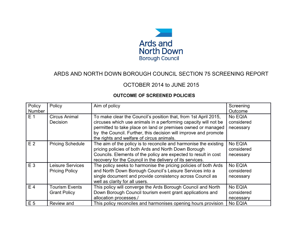 Ards and North Down Borough Council Section 75 Screening Report