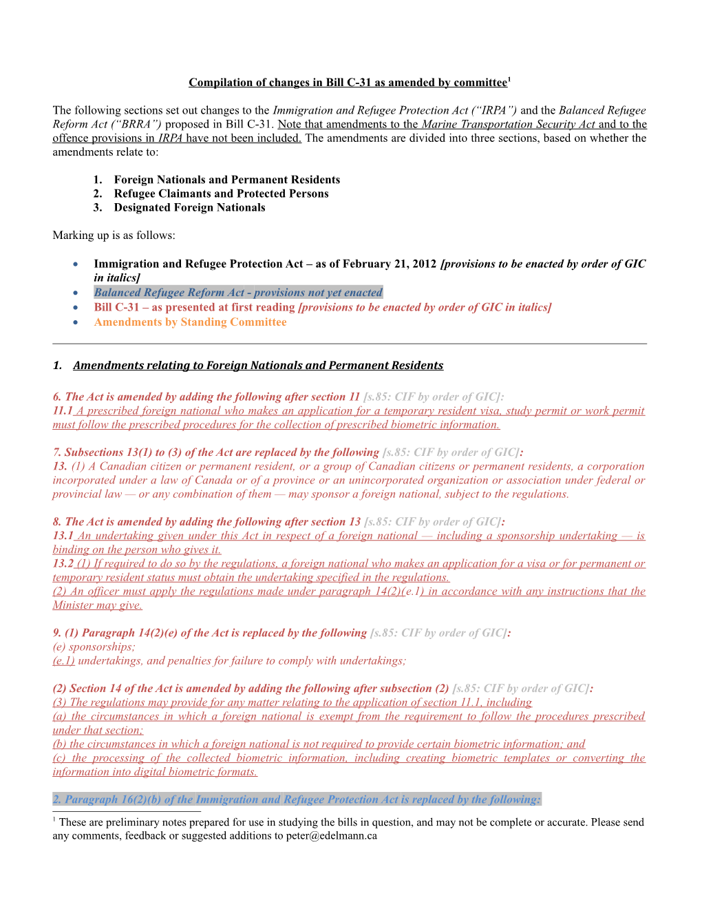 2012 IRPA Amendments Summary (C-31/BRRA)