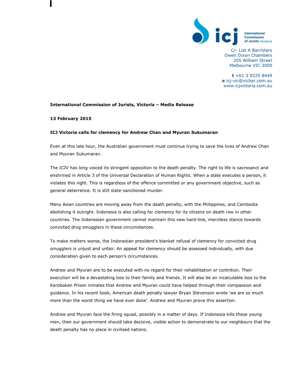 International Commission of Jurists, Victoria Media Release