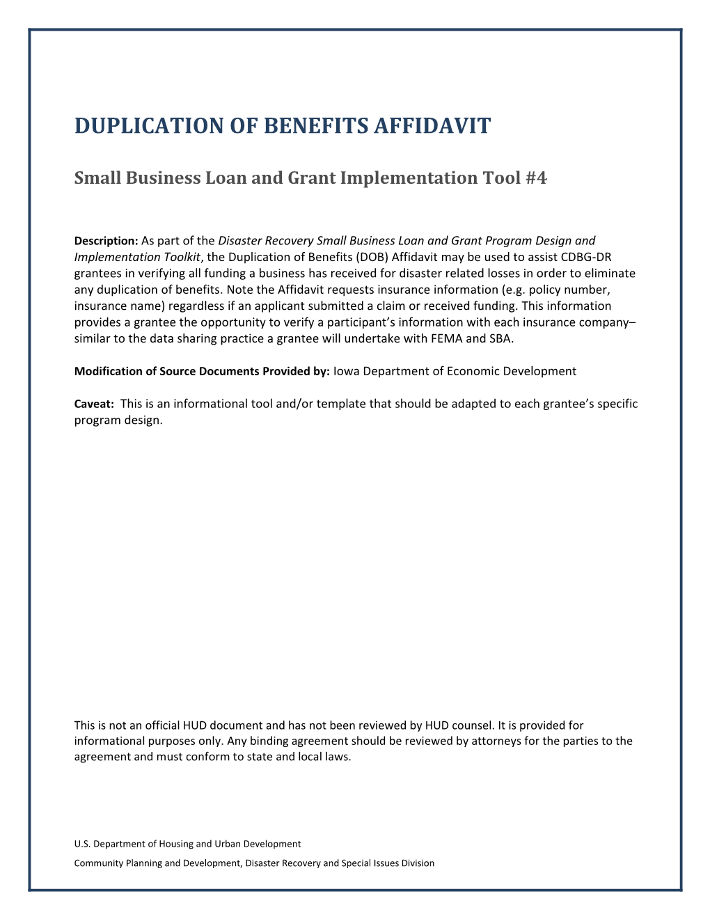 CDBG-DR Small Business Loan and Grant Duplication of Benefits Affidavit