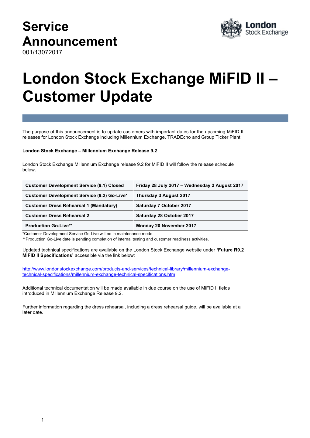 London Stock Exchange Mifid II Customer Update