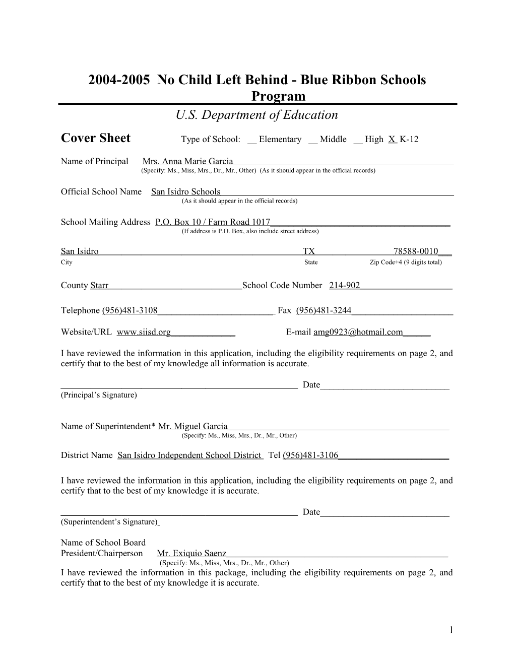 San Isidro Schools Application: 2004-2005, No Child Left Behind - Blue Ribbon Schools Program