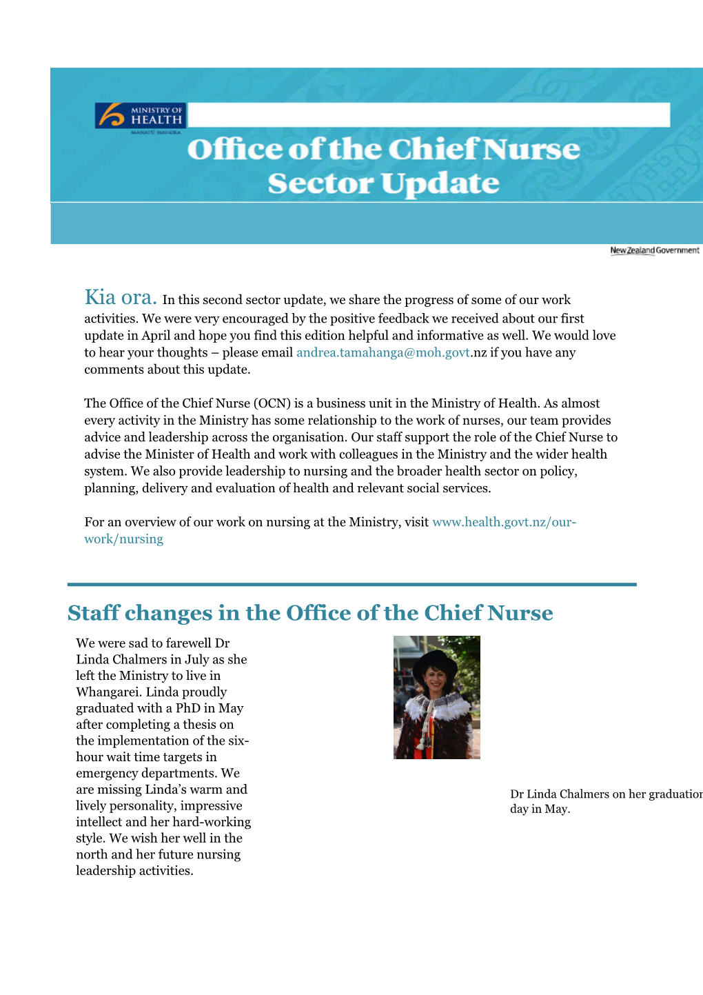 Office of the Chief Nurse Sector Update August 2015