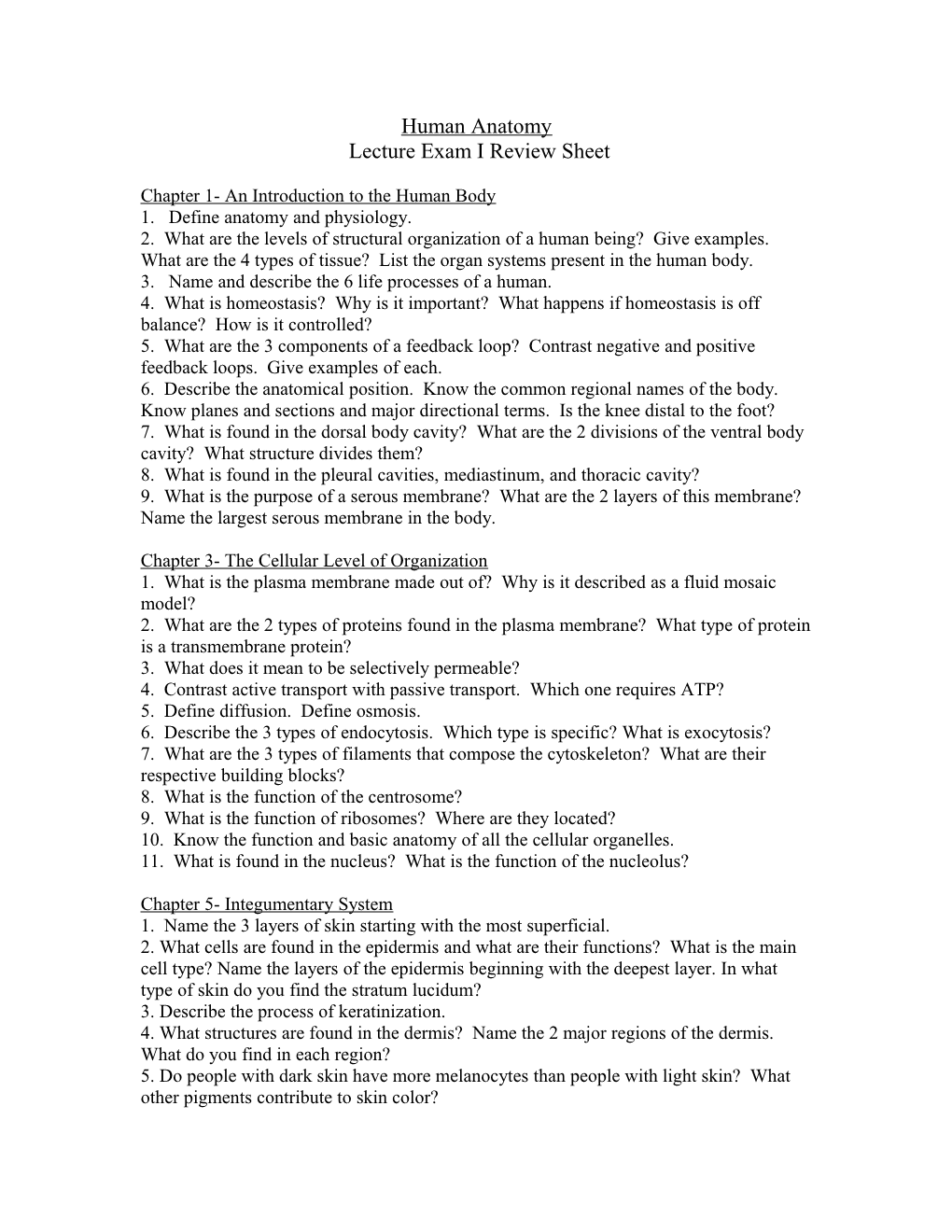 2401 Lecture Exam I Review Sheet