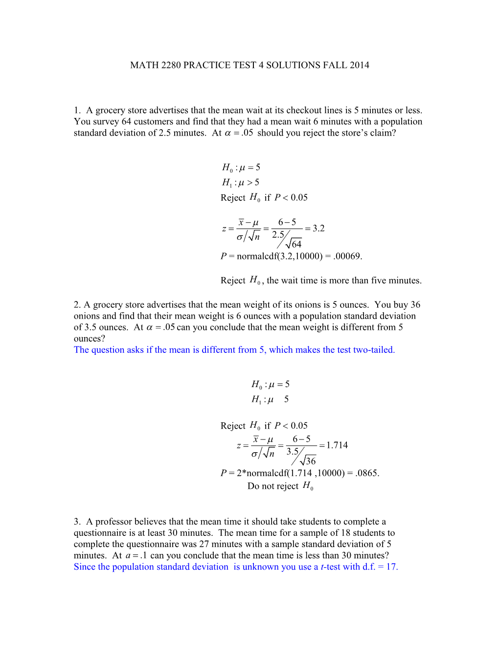 Math 2280 Practice Test 4 Solutions Fall 2014