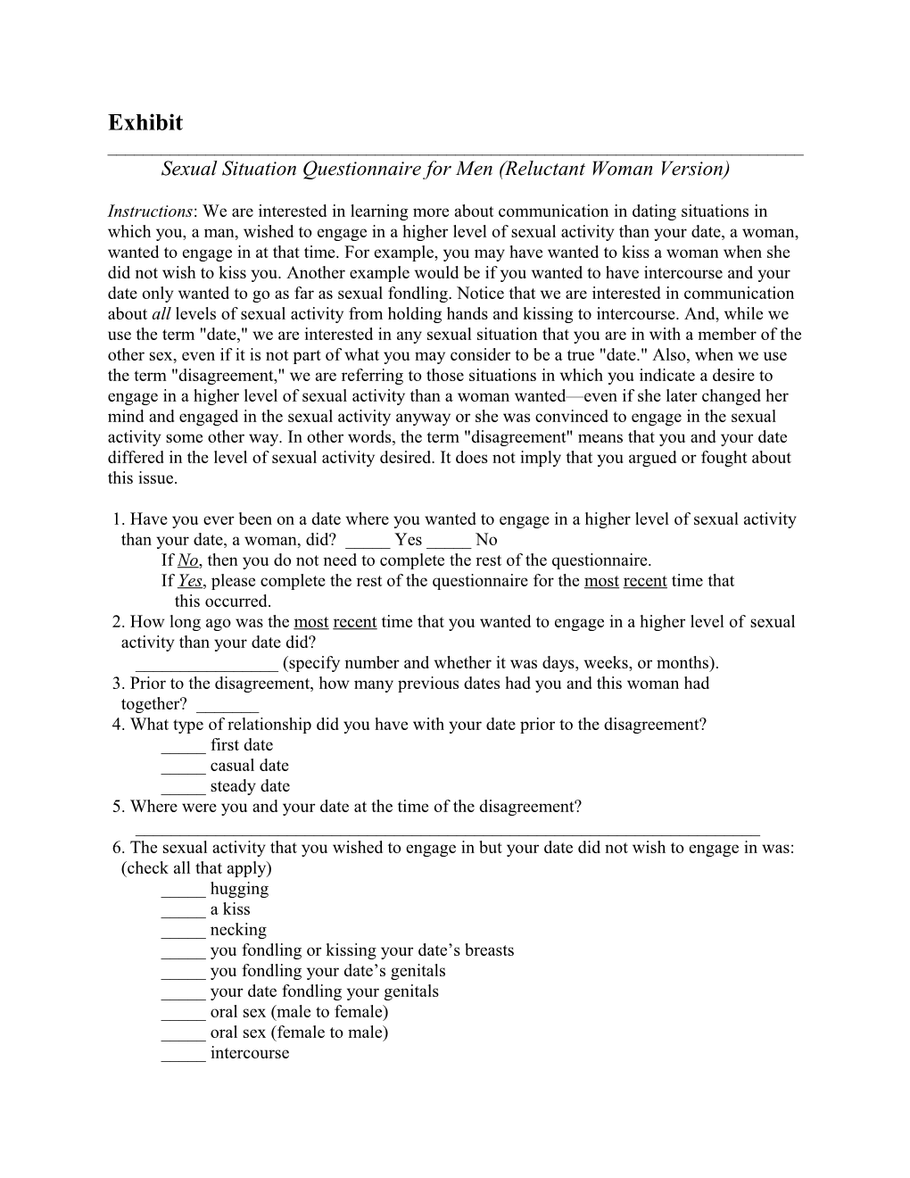 Sexual Situation Questionnaire for Men (Reluctant Woman Version)