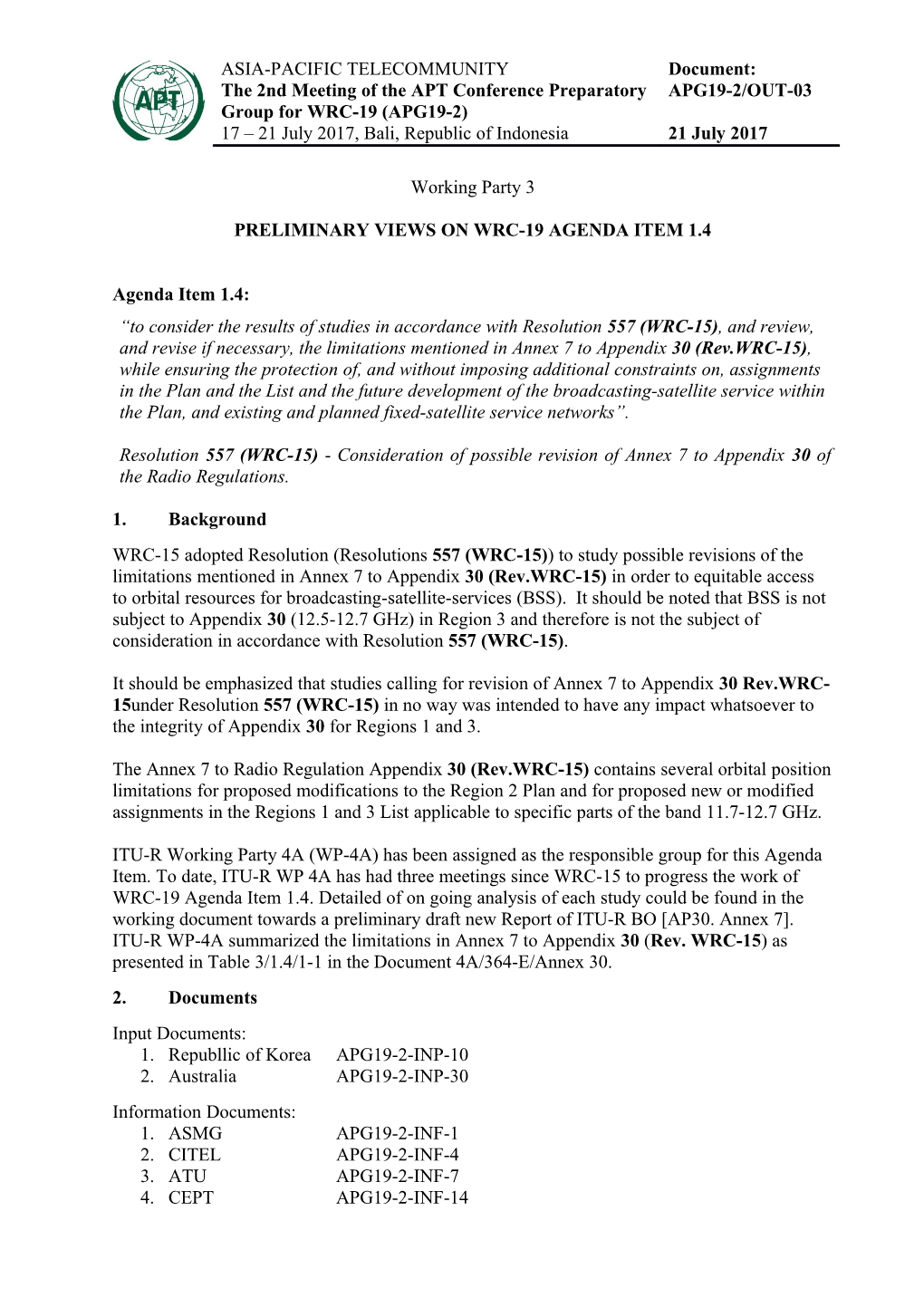 PRELIMINARY Views on WRC-19 Agenda Item 1.4