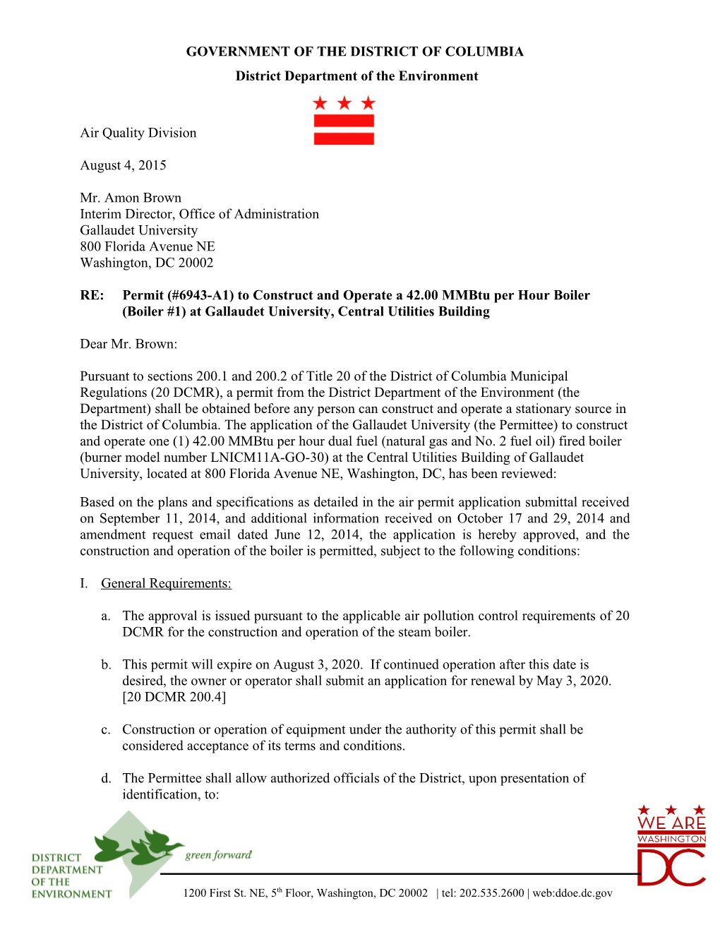 Permit (#6943-A1) to Construct and Operate a 42.00 MM Btu Per Hour Boiler