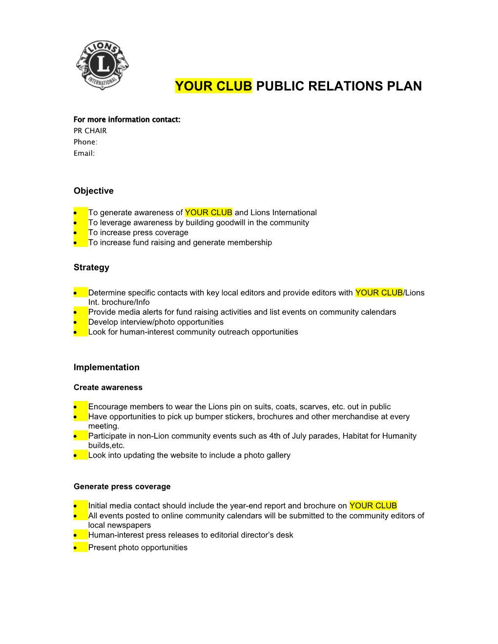 Your Club Public Relations Plan