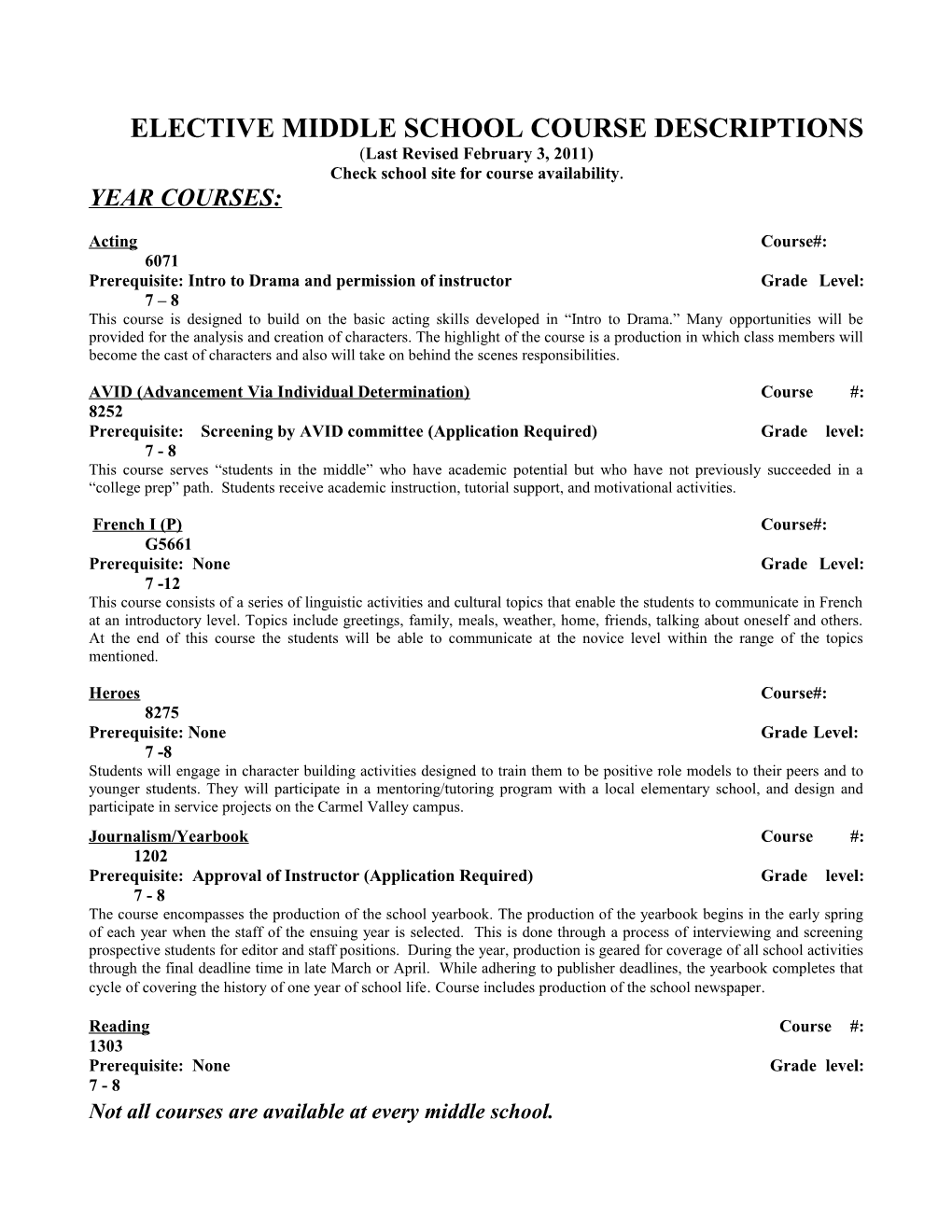 Elective Middle School Course Descriptions