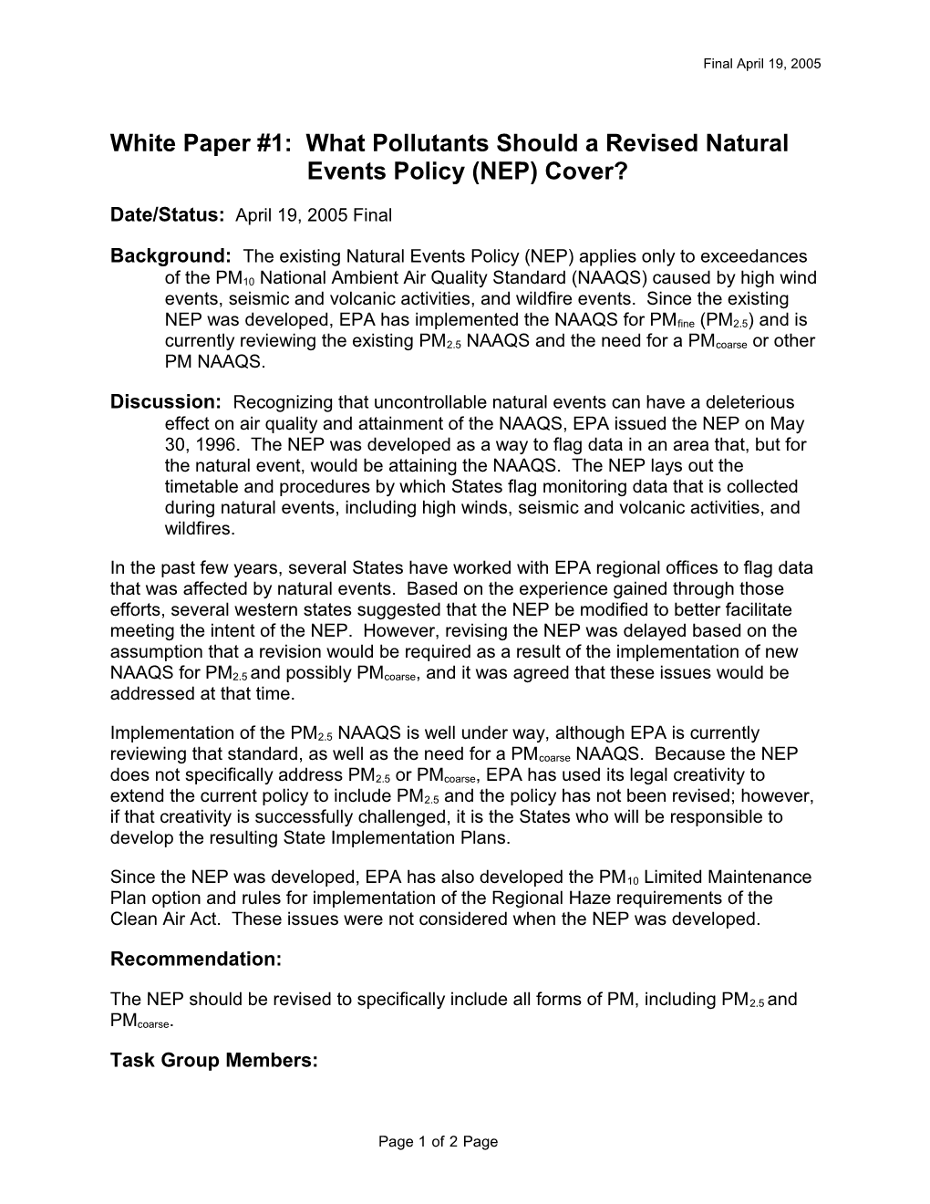 White Paper #1: What Items Should a Revised Natural Events Policy (NEP) Cover