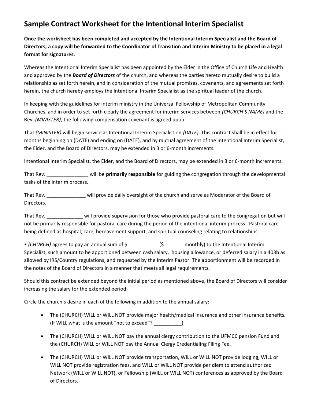 Sample Contractworksheet for Theintentional Interim Specialist