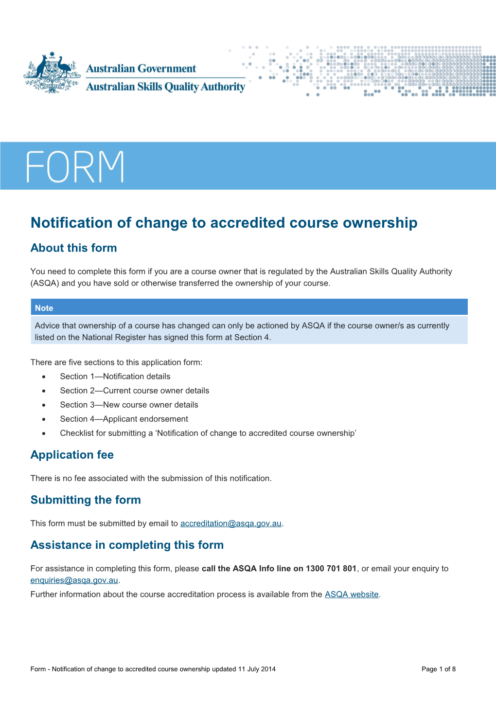 Notification of Change to Accredited Course Ownership