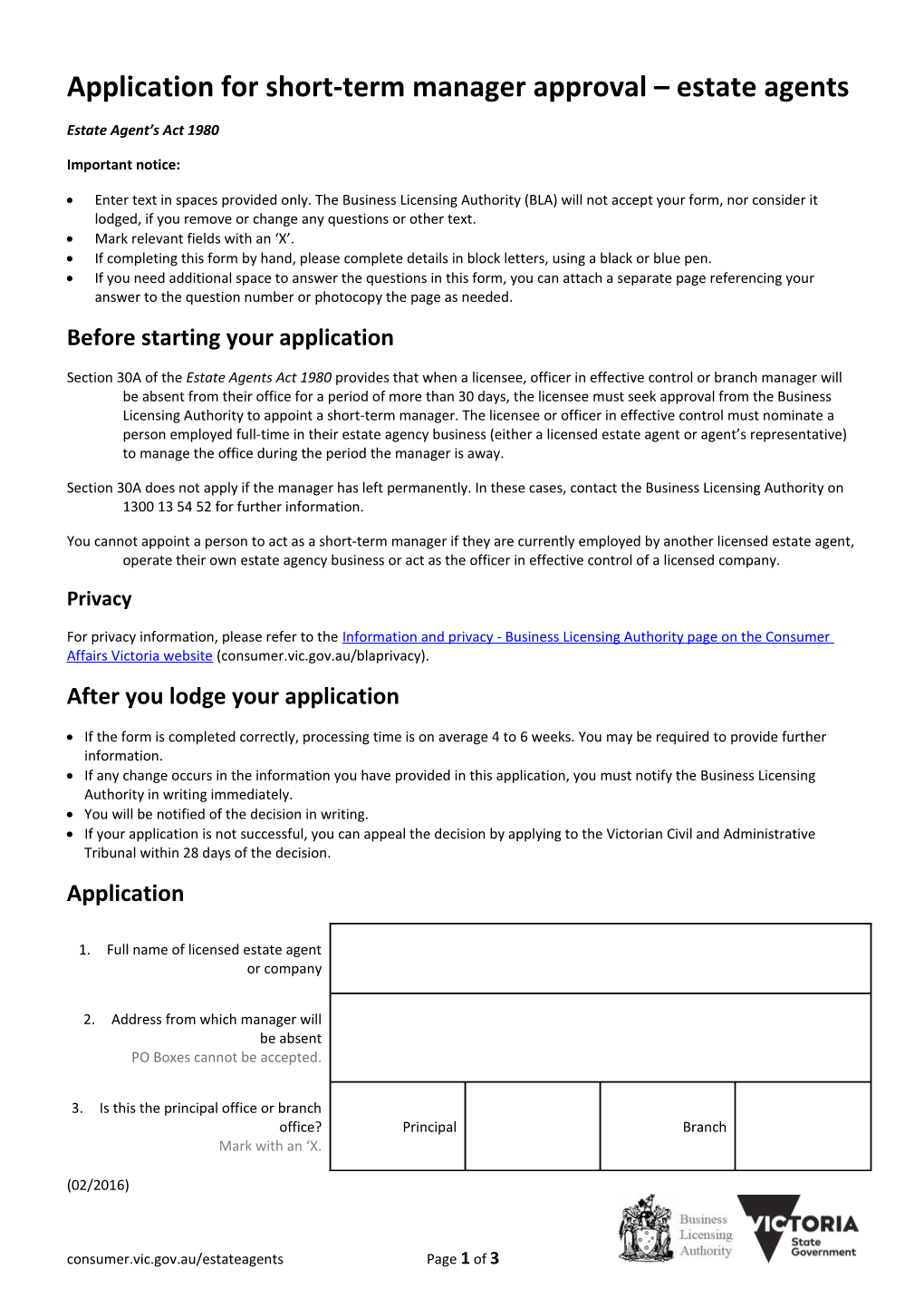 Application for Short-Term Manager Approval Estate Agents