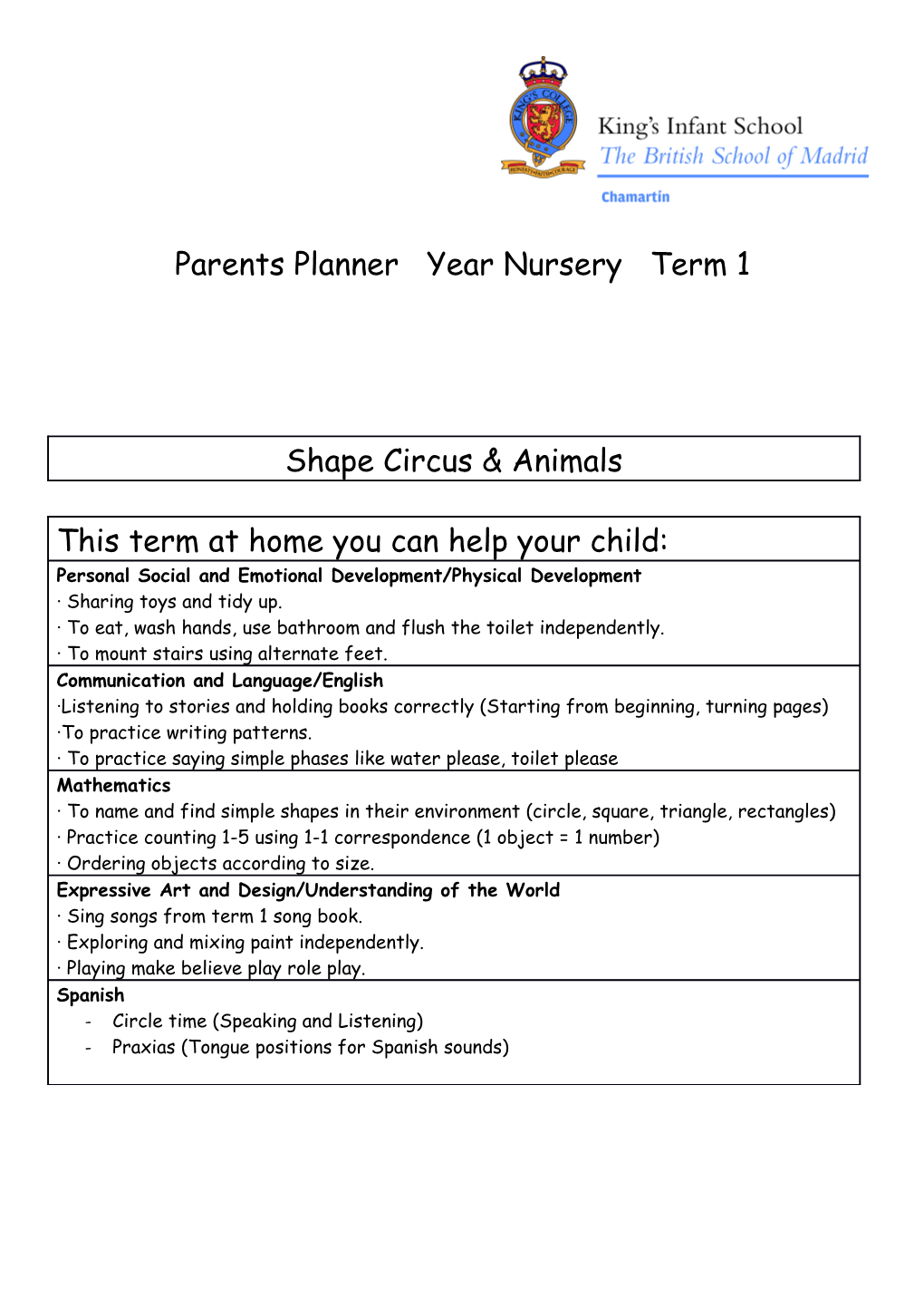 Parents Planner Year Nursery Term 1